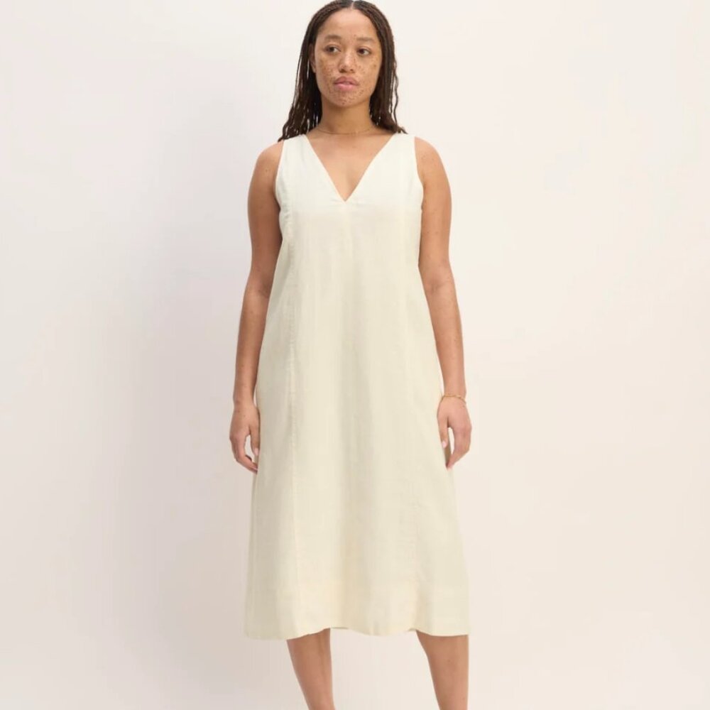 Everlane The Linen V-Neck Midi Dress in Bone, Size 4